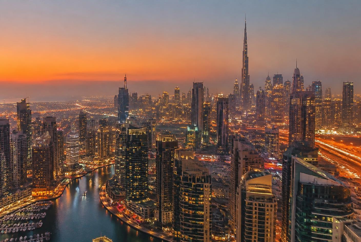 Downtown at dusk in Downtown Dubai, Dubai